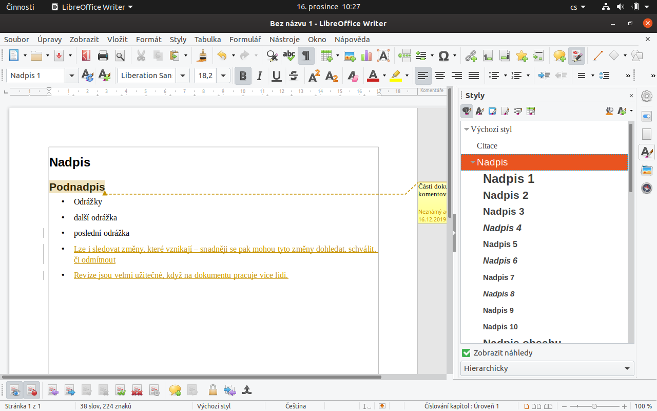 LibreOffice Writer – rozkliknuté styly nadpisů