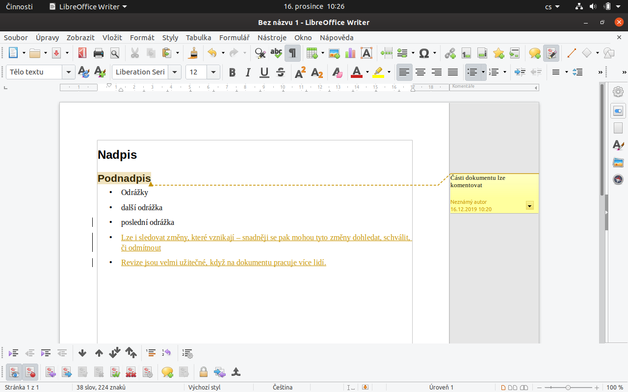 LibreOffice Writer – komentář k textu, v dokumentu zapnuté sledování změn