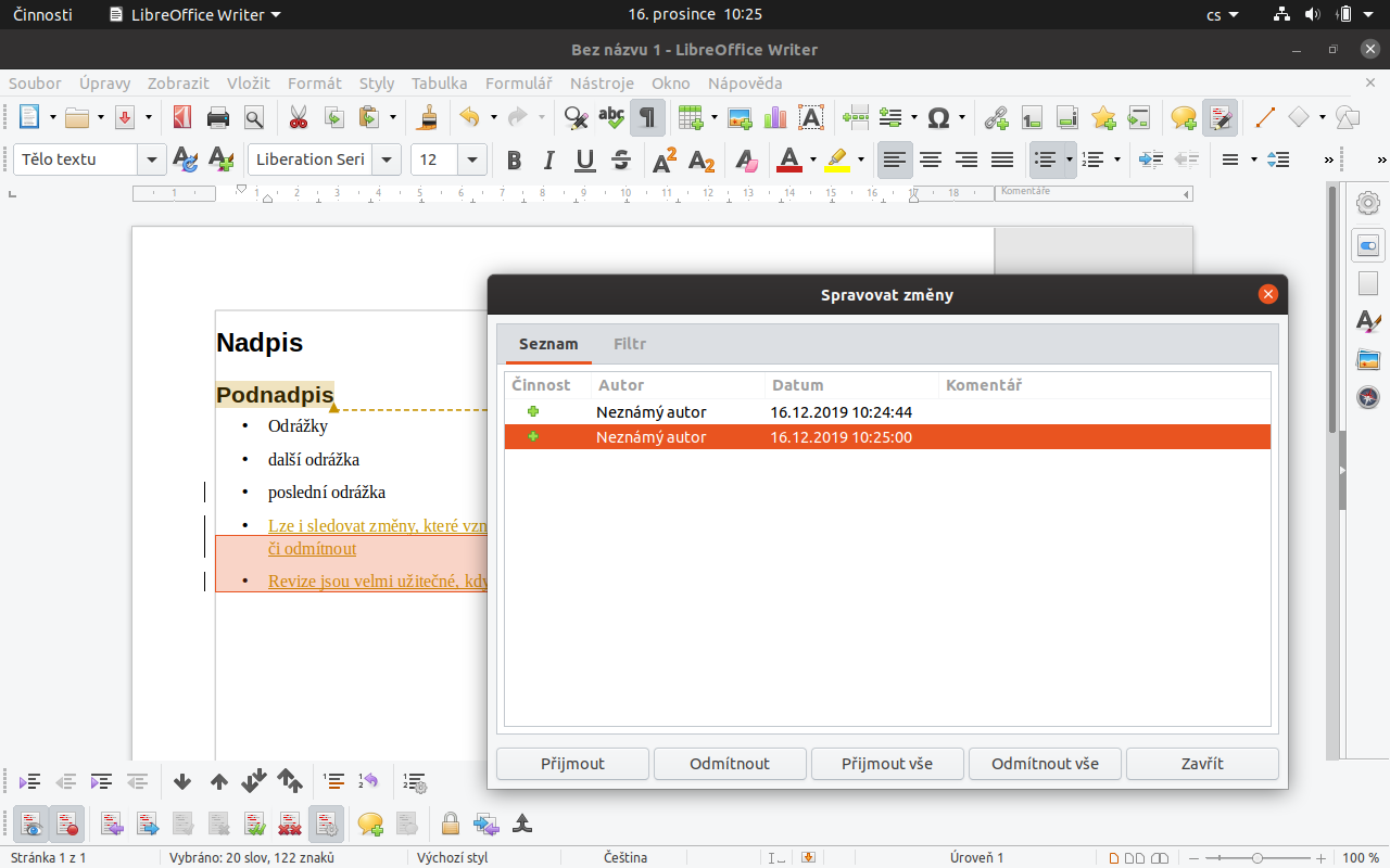 LibreOffice Writer – správa sledování změn